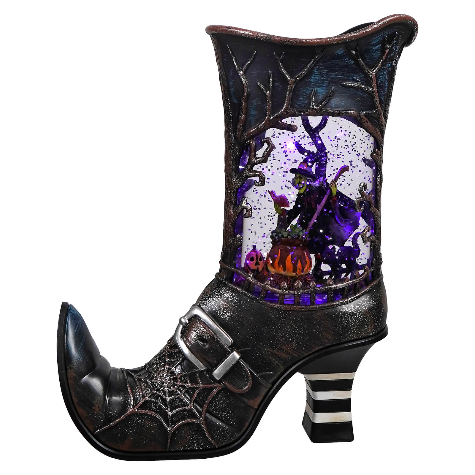 10 inch led lighted spinning water globe boot in black with witch stirring bubbling cauldron and glowing purple light