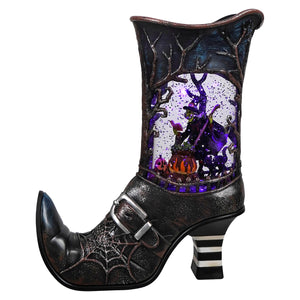 10 inch led lighted spinning water globe boot in black with witch stirring bubbling cauldron and glowing purple light