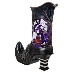 Black witch-themed water globe boot with led lighted spinning water and witch stirring bubbling cauldron scene