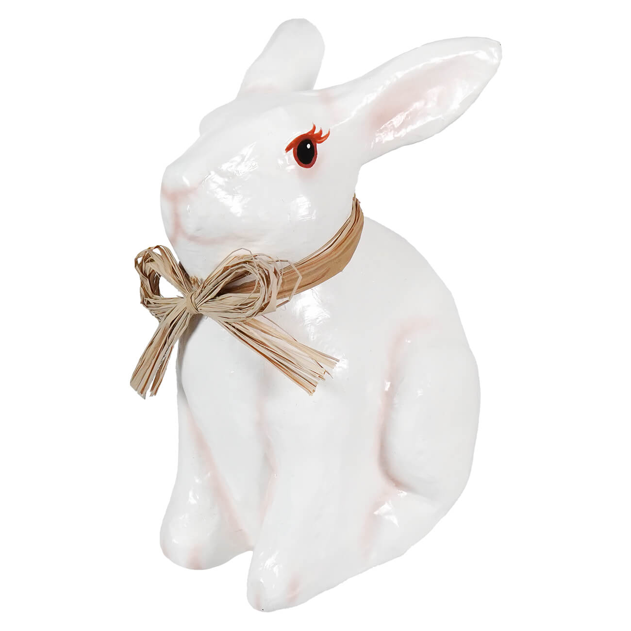 10 inch white paper mache bunny with glossy finish orange eye and woven straw bow perfect easter decor spreading holiday cheer