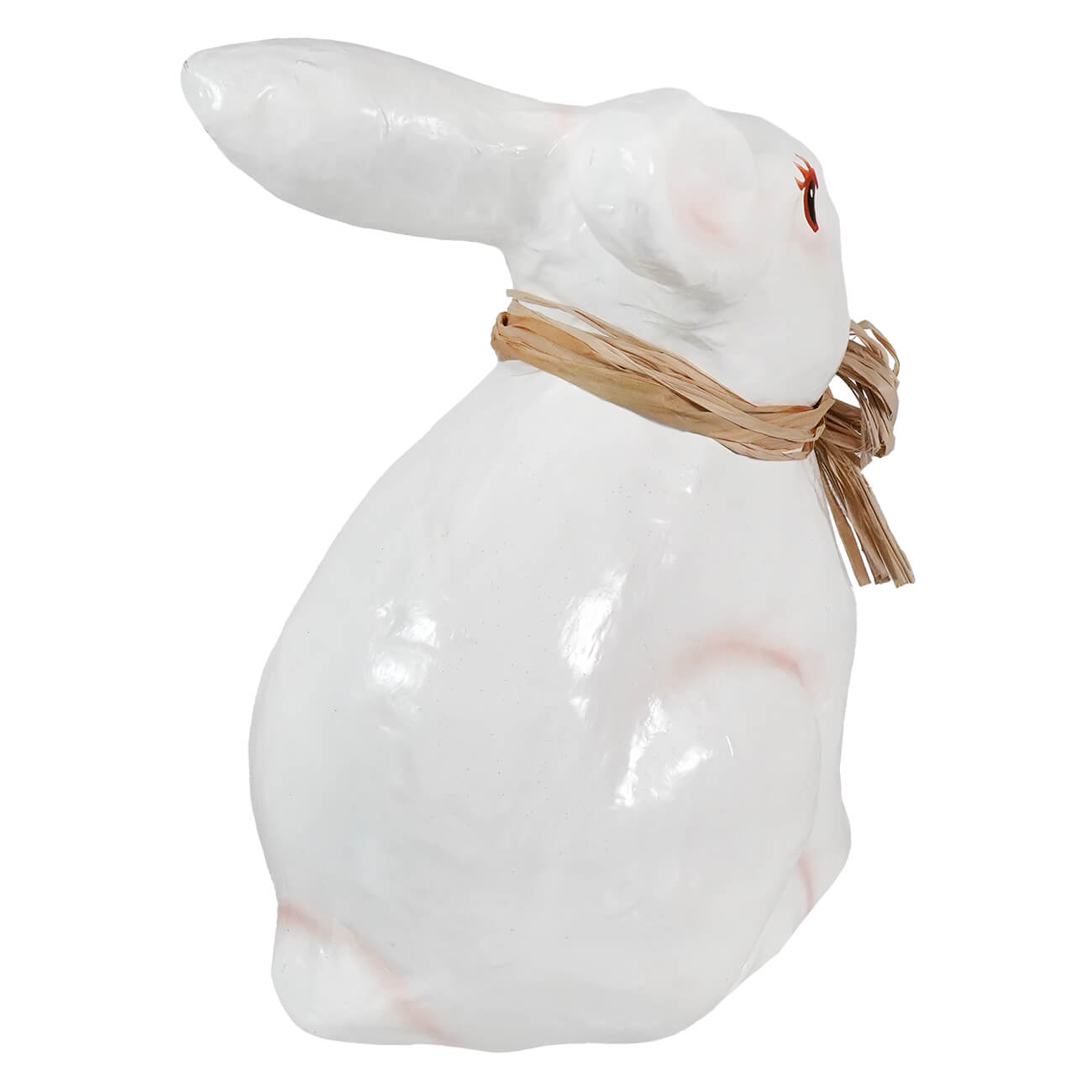 10 inch white paper mache bunny with pink blush and woven straw bow perfect for easter decor and spreading holiday cheer