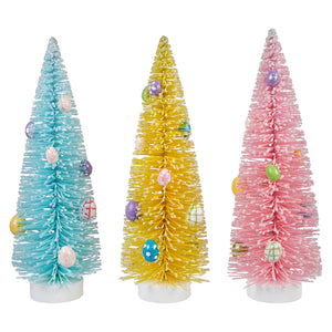Three 10 inch pastel blue yellow and pink flocked bristle easter egg trees perfect for spring decor