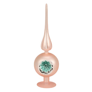 10 inch pink glass tree topper with delicate rose gold and sparkling green floral design in silver frame for holiday decor