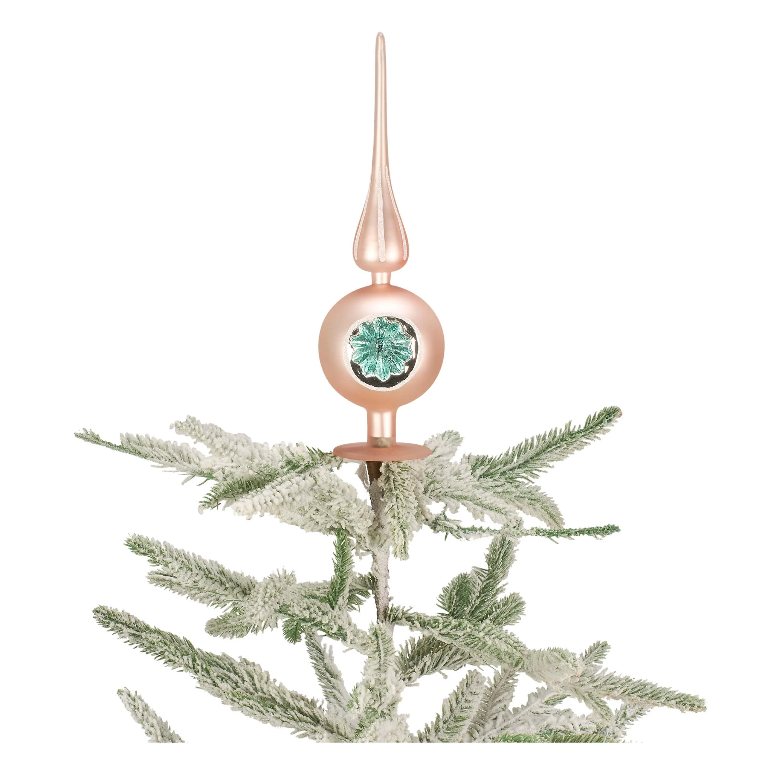 10 pink glass tree topper with rose gold circular base and green snowflake from kathy christmas collection