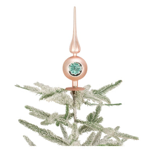 10 pink glass tree topper with rose gold circular base and green snowflake from kathy christmas collection