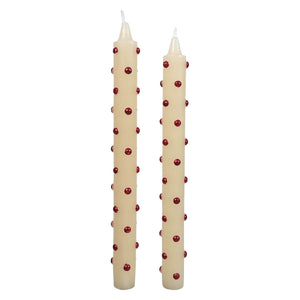 Cream-colored red dot taper candles set of 2 with evenly spaced red beads by creative co-op
