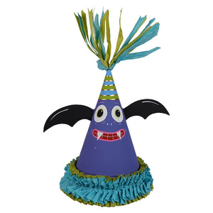 Purple monster party hat featured on a 10 inch spooky bat party favor cone box perfect for halloween box fun