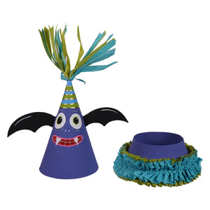 Purple paper spooky bat party cone box with black wings googly eyes and striped green teal band for halloween fun