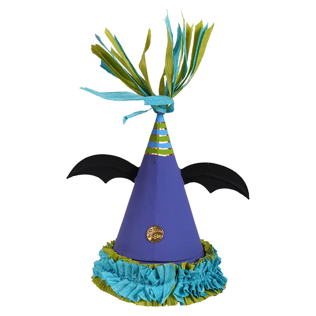 Purple spooky bat party favor cone with black wings, fringed turquoise and lime base, striped top, and colorful tassels