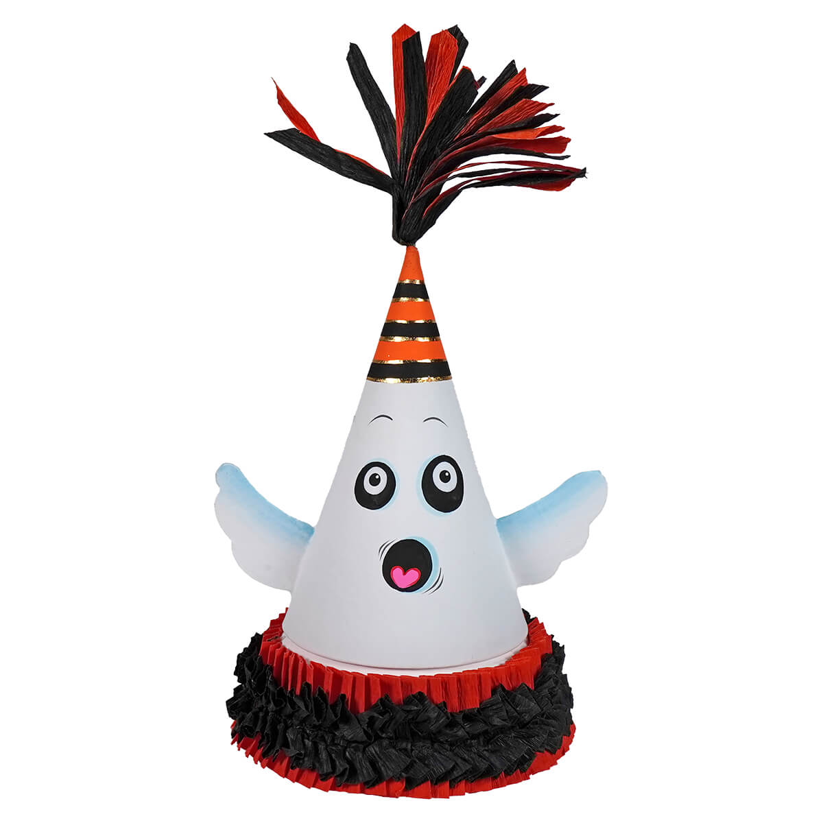 10 inch spooky ghost party favor cone box with white paper ghost, black orange stripes, blue wings, and pink heart mouth
