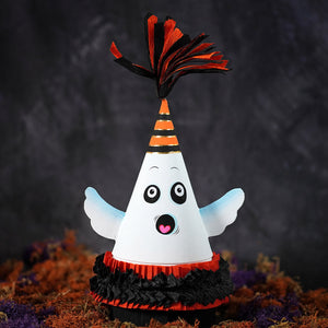 10 inch spooky ghost party favor cone box with white paper ghost, striped hat, blue wings, and fringed base