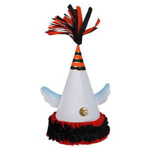 White 10 inch spooky ghost party favor cone box with black orange striped cone, red black fringed base, blue angel wings, and gold emblem