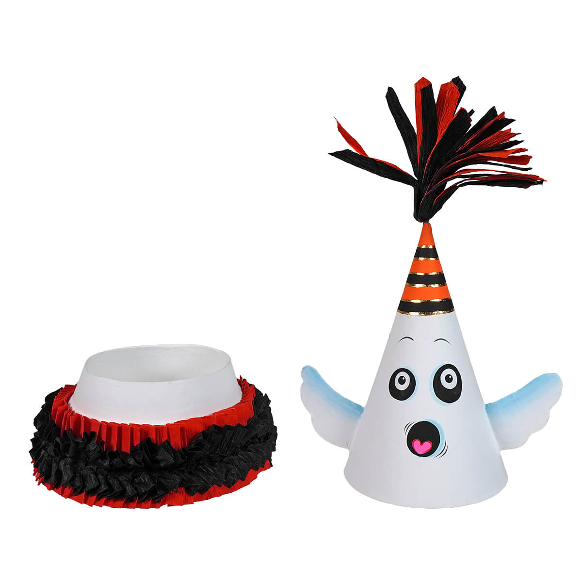10 inch spooky ghost party favor cone box with white paper ghost, black orange striped cone, blue wings, and tassel