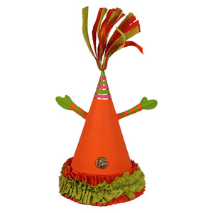 Vibrant orange spooky pumpkin party favor cone box with green ruffled trim striped arms and colorful tassel top