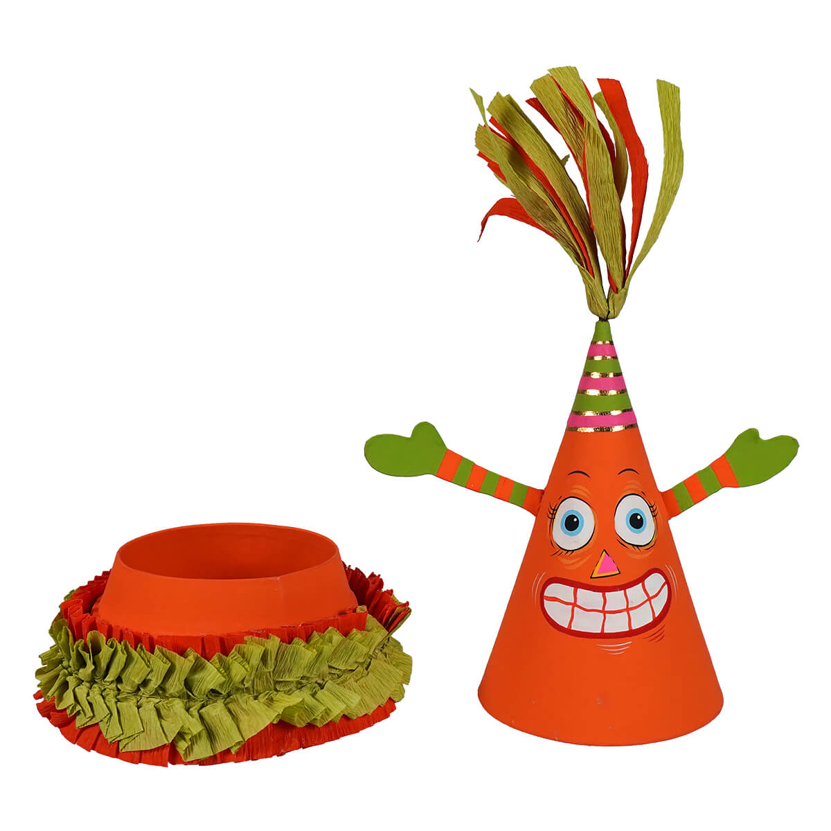 Orange paper spooky pumpkin party cone box with smiling face, green red arms, and colorful tassel for vintage halloween decor