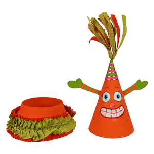 Orange paper spooky pumpkin party cone box with smiling face, green red arms, and colorful tassel for vintage halloween decor