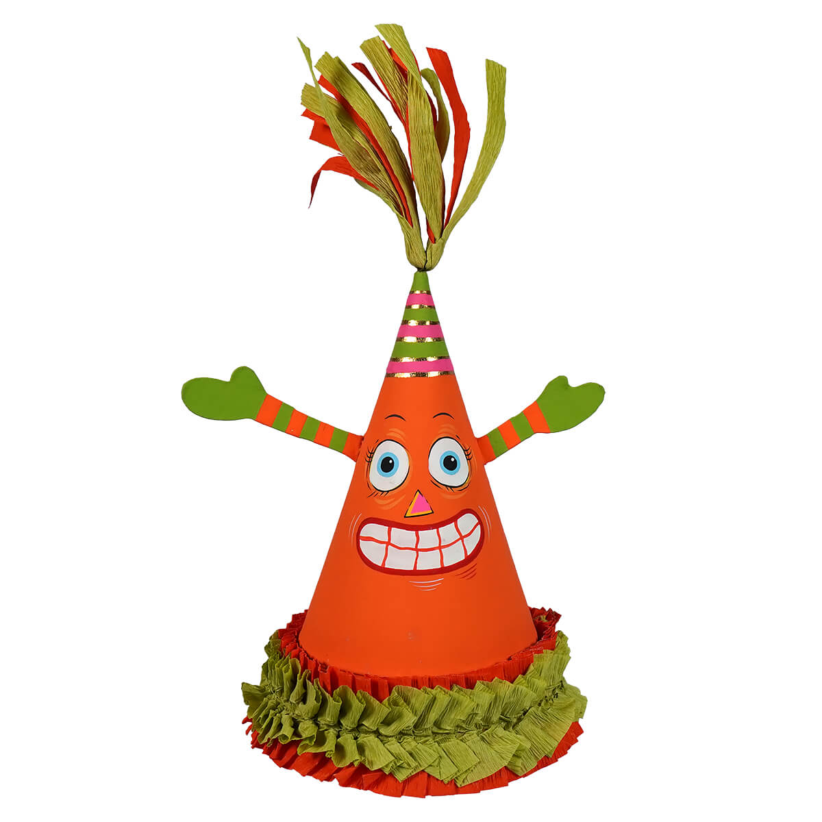 A cheerful orange spooky pumpkin party favor cone box with green and red tassels and a fun face for pumpkin parties