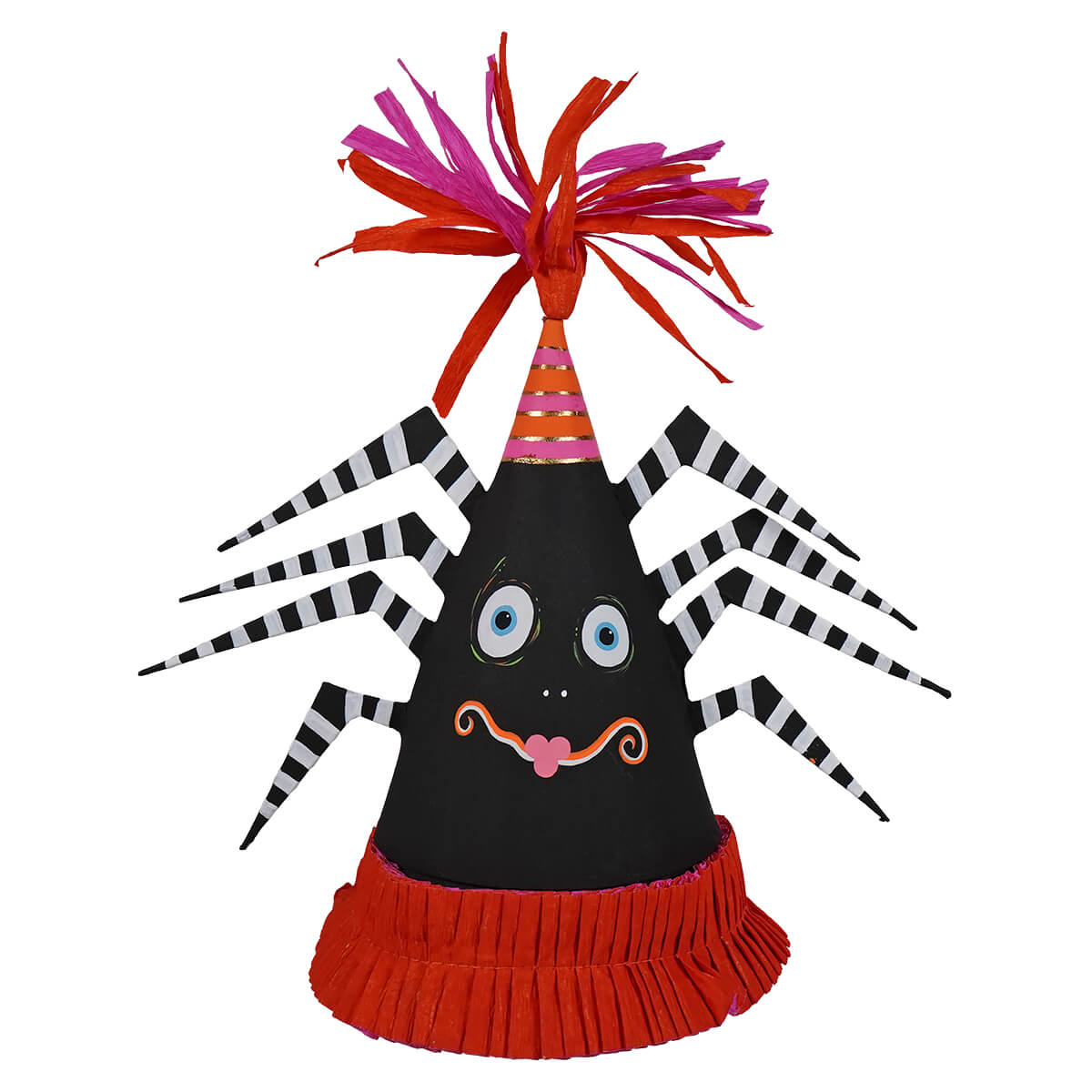10 inch spooky spider party favor cone box with black paper spider, striped legs, blue eyes, and red fringe base