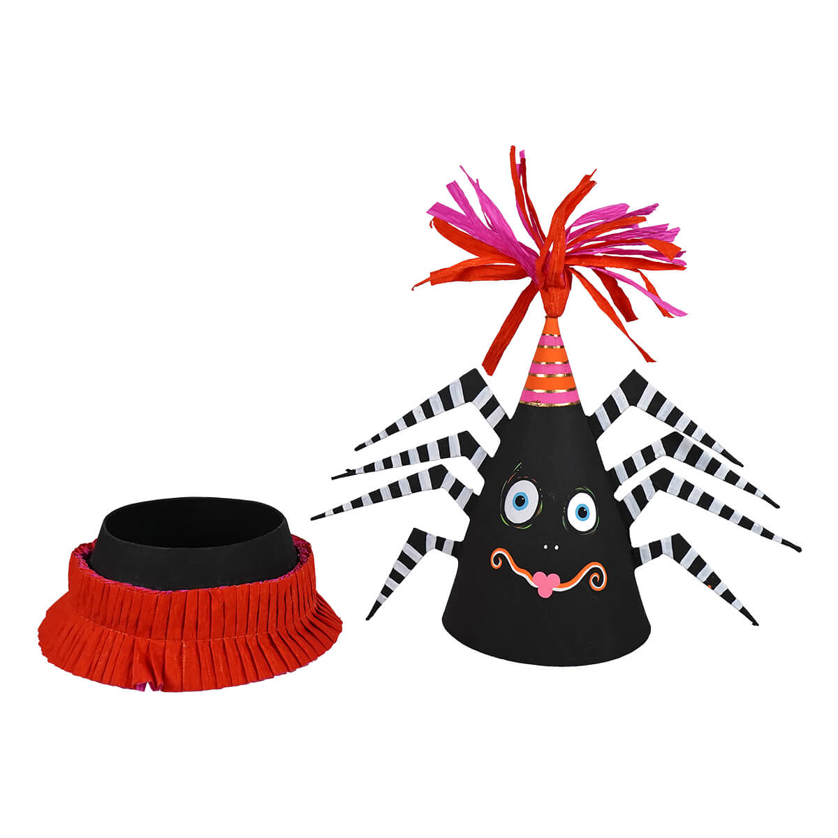 10 inch black paper spooky spider party favor cone box with striped legs blue eyes and pink pom pom for vintage halloween tabletop decor