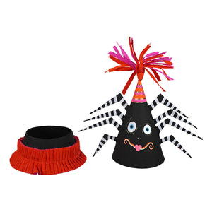 10 inch black paper spooky spider party favor cone box with striped legs blue eyes and pink pom pom for vintage halloween tabletop decor