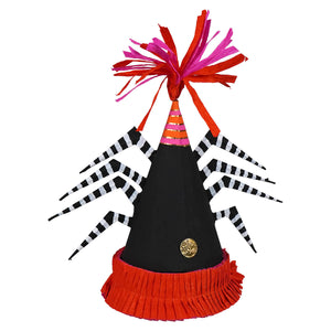 10 inch spooky spider party favor cone box with black party hat, red and pink fringe, striped wings, gold emblem, and red base