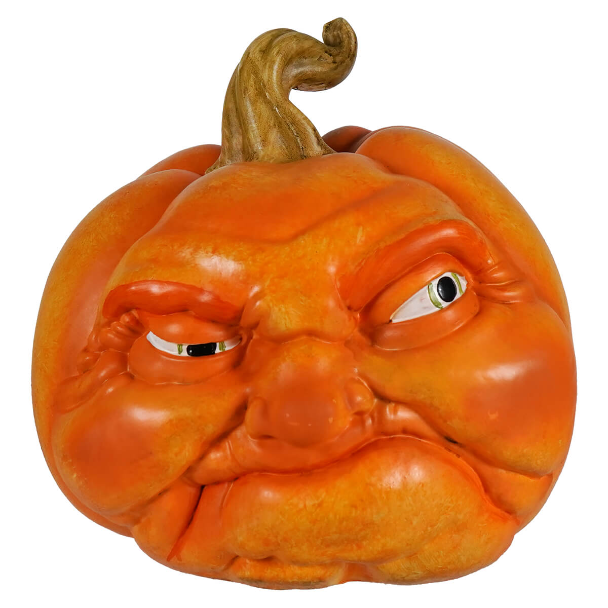 10 inch orange resin rascal boasts squishy face character pumpkin with grinning carved eyes and twisted stem gourd decor