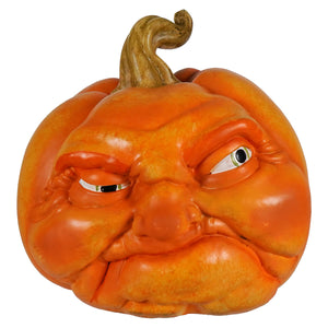10 inch orange resin rascal boasts squishy face character pumpkin with grinning carved eyes and twisted stem gourd decor