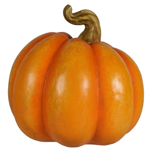 Vibrant orange 10 inch squishy face character pumpkin with textured glossy resin rascal boasts curved brown stem