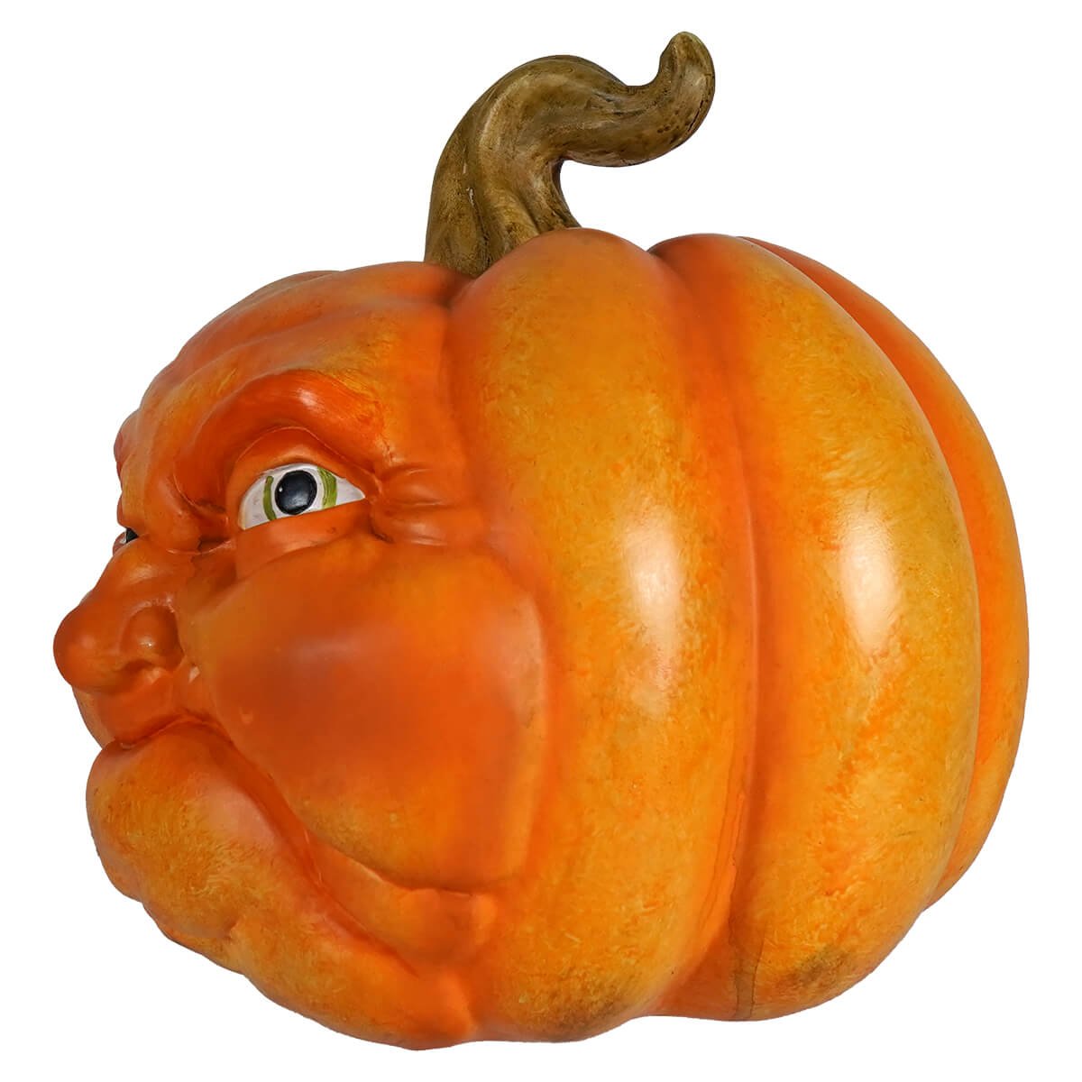 Orange resin rascal boasts 10 inch squishy face character pumpkin with carved face green eyes and brown stem gourd decor