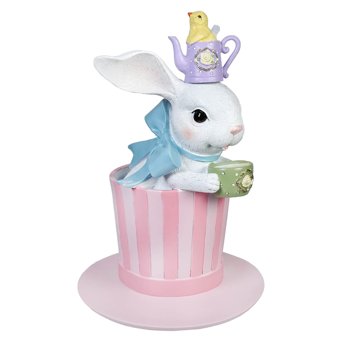 10 inch teatime bunny in striped pink top hat with teapot and chick vintage easter bunny figural decor