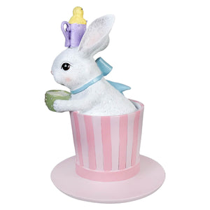 10 inch teatime bunny white ceramic figural decor with blue bow green teacup purple hat and yellow chick in pink top hat
