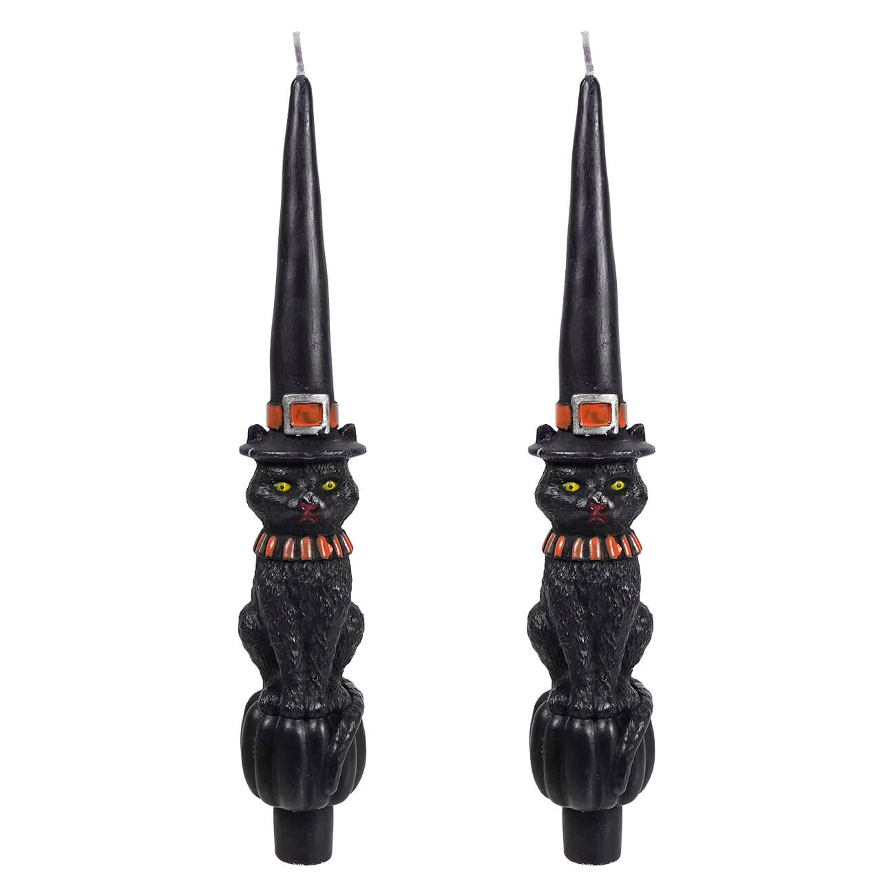 Two black cat halloween candles shaped taper candles with witch hat for spooky candle holders set of 2