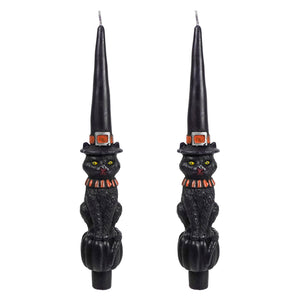 Two black cat halloween candles shaped taper candles with witch hat for spooky candle holders set of 2