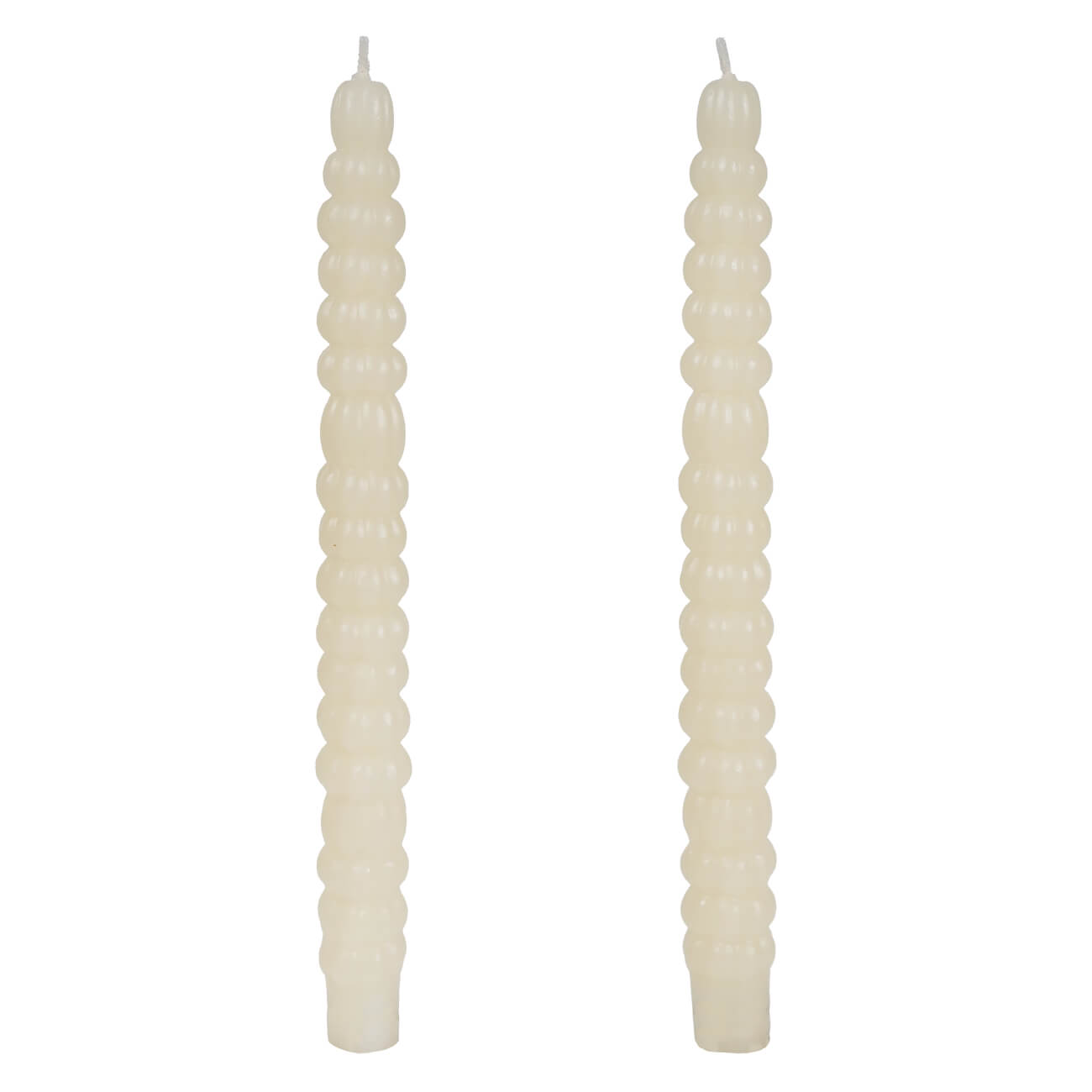 Two unscented tan pumpkin shaped taper candles with ivory textured finish in a 10 inch box set of 2