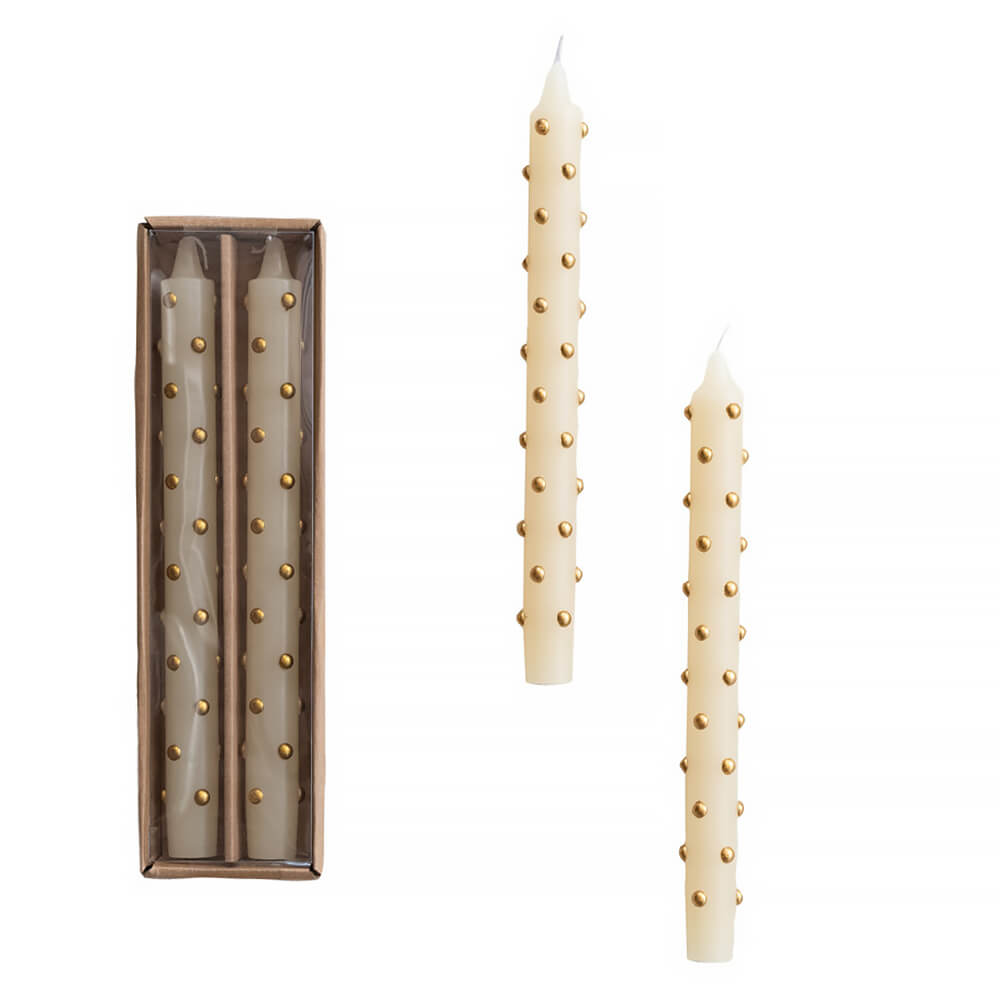 Cream-colored unscented taper candles with gold 3d dots in a box set perfect for christmas candles and candle holders