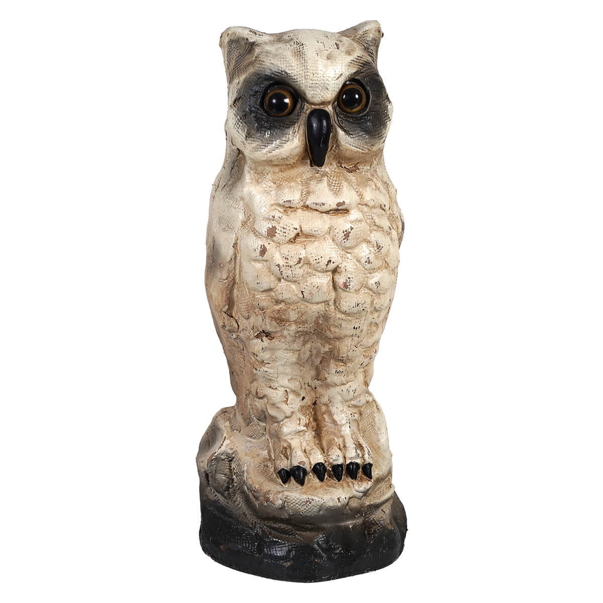 10 inch vintage white owl statue with weathered beige finish and black eyes designed by ragon house design