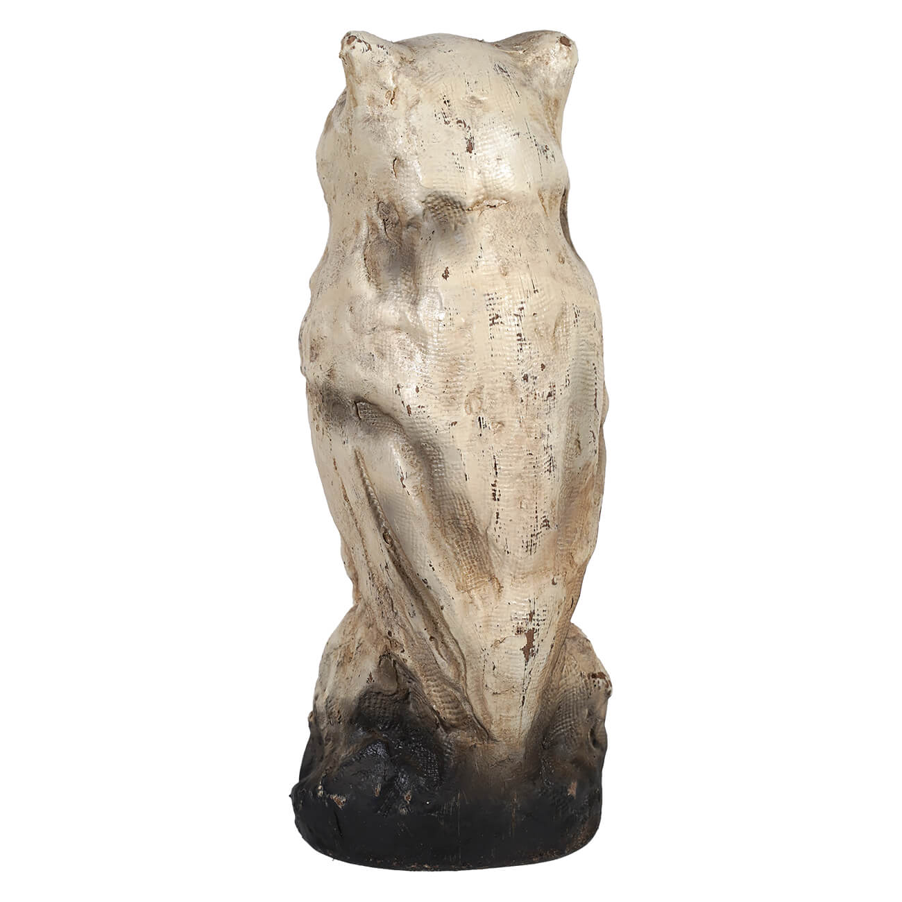 10 inch vintage white owl statue with weathered textured peeling paint and darkened base by ragon house design