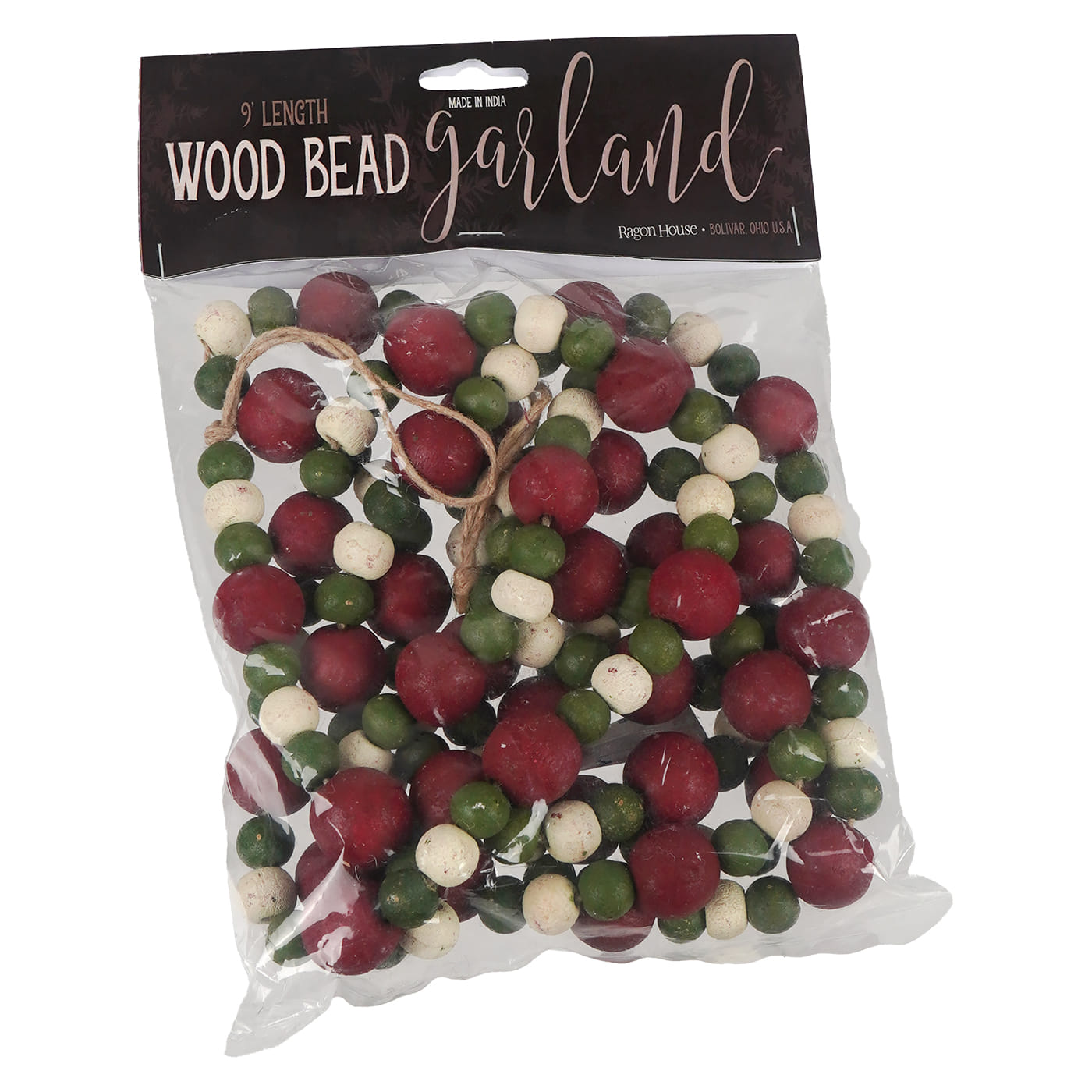 A 108 inch green red and white wood bead garland in cream red and green packaged in a clear bag with a black header