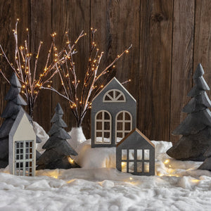 Gray wooden house decoration snow roll with white trim and arched window, perfect with standing deer figurines set