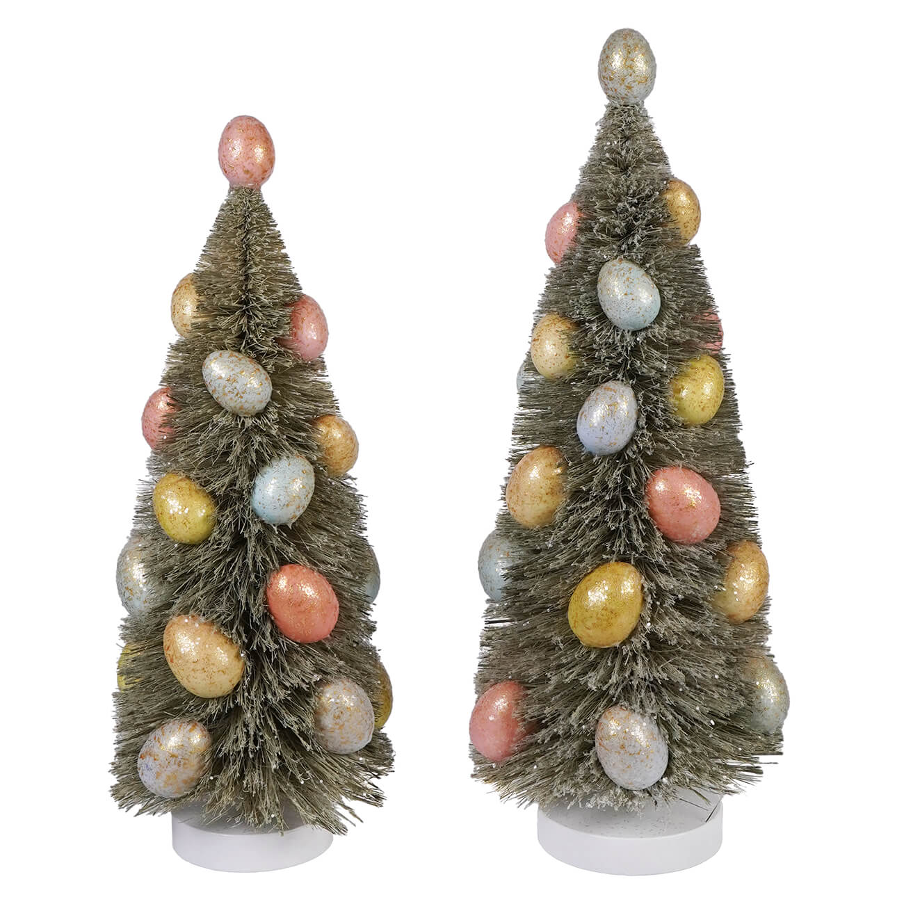 Two easter egg trees made of green sugared sisal decorated with colorful sisal easter eggs in 11 and 13 inch sizes