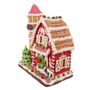 11.75 inch led lighted gingerbread junction house ornament with red white candy details and pink roof figural decor