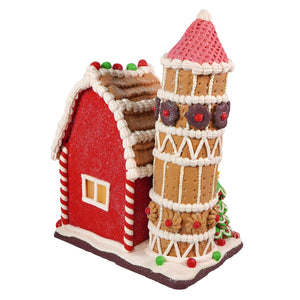 11.75 inch led lighted gingerbread junction house with red glittery facade white icing trim and candy cane pillars figural decor