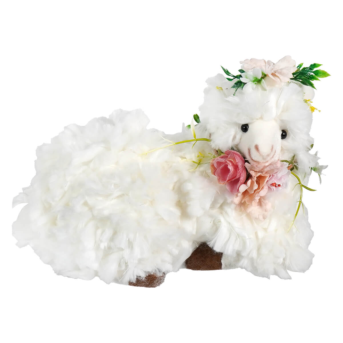 An 11 inch fluffy white lying sheep plush with a flower wreath and pink roses spreading holiday cheer