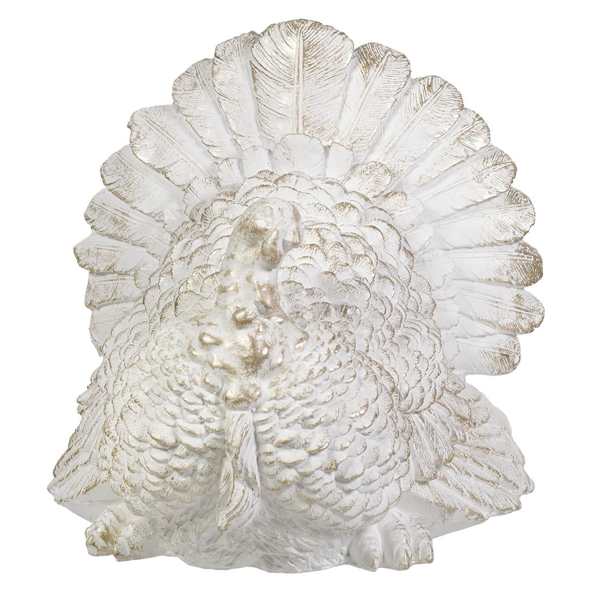 11 inch large champagne and white resin turkey figure with detailed feather texture perfect as glittered turkey figural decor or tree toppers