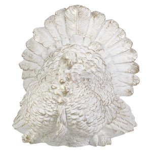 11 inch large champagne and white resin turkey figure with detailed feather texture perfect as glittered turkey figural decor or tree toppers