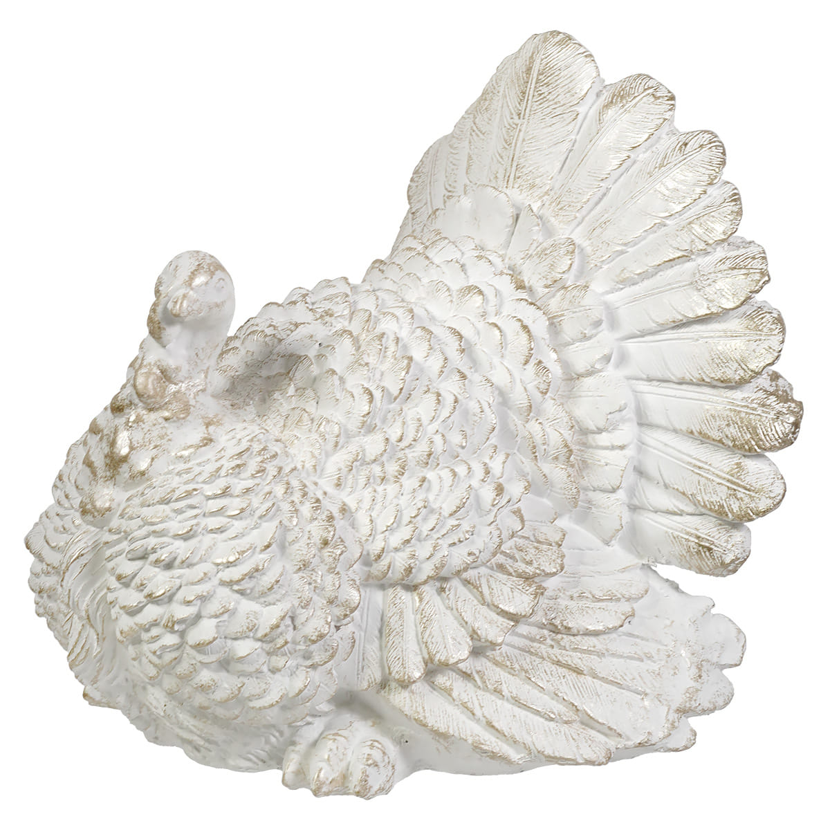 11 inch large white ceramic turkey figure with detailed feathers and metallic gold accents glittered turkey figural decor