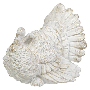 11 inch large white ceramic turkey figure with detailed feathers and metallic gold accents glittered turkey figural decor
