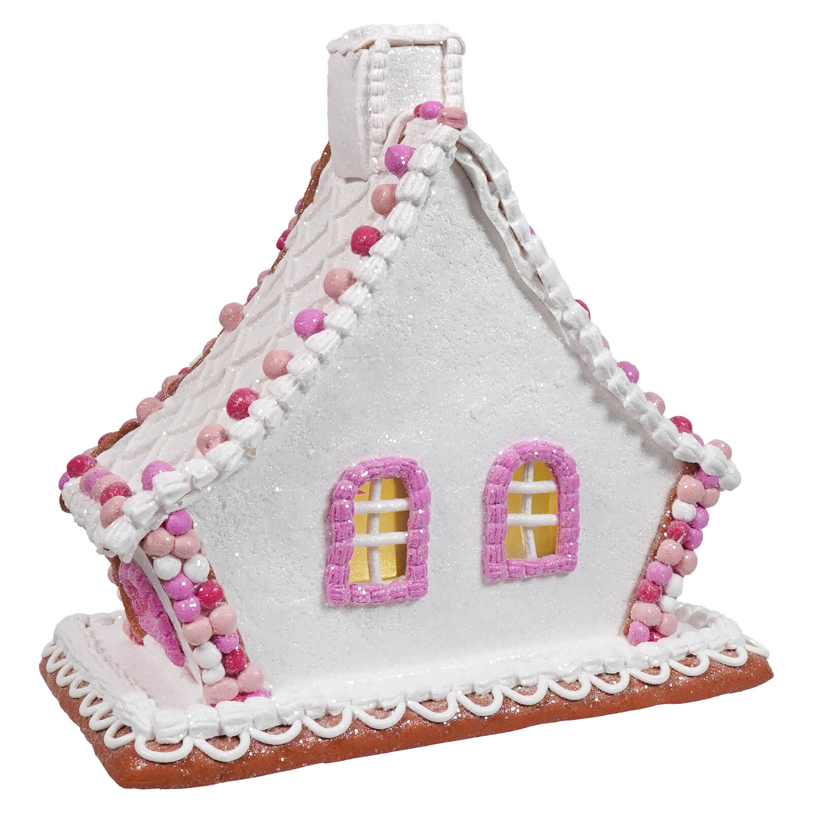 A charming 11 inch lighted white gingerbread house with pink and purple candy beads from raz imports christmas collection