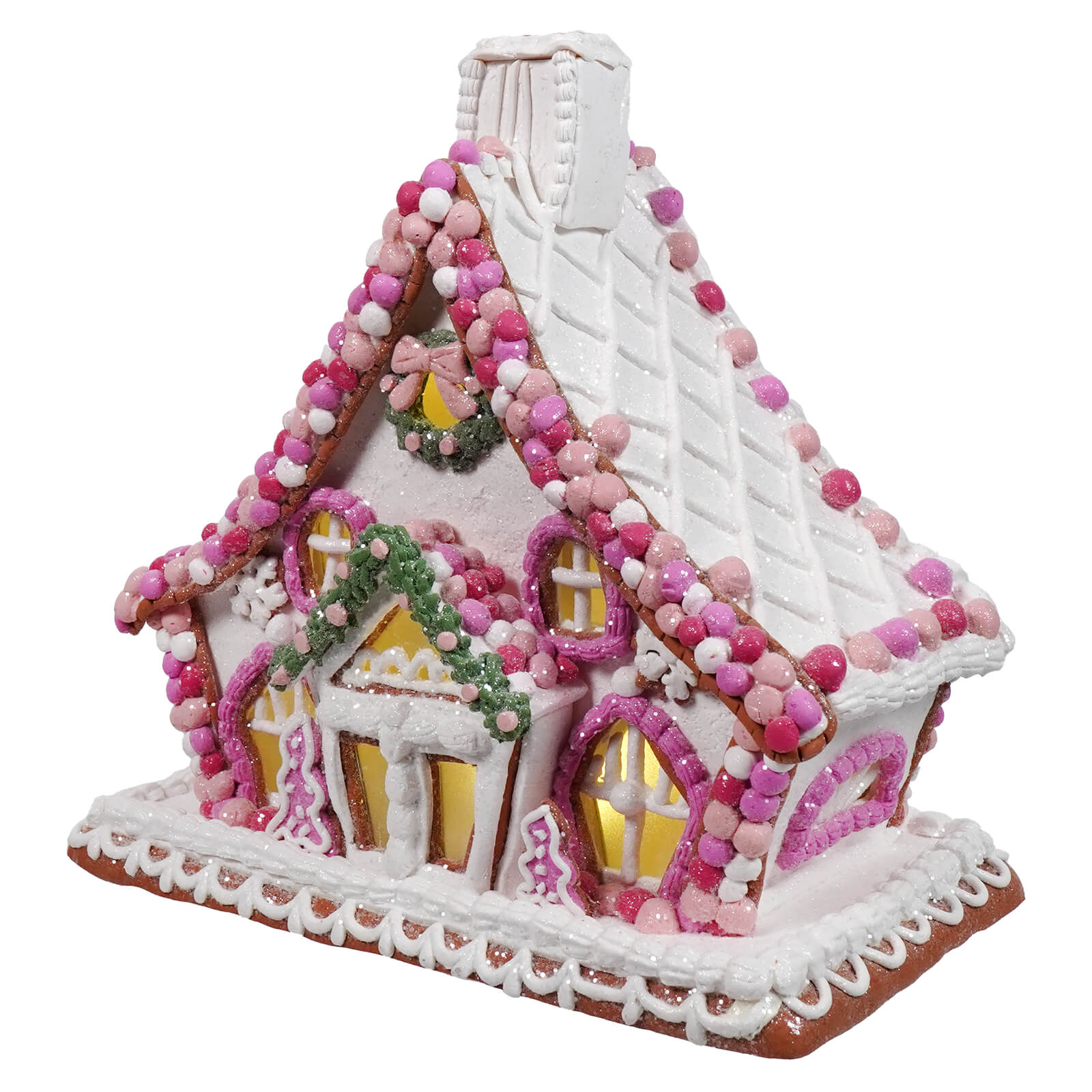 A charming 11 inch lighted pink and white gingerbread house ornament from raz imports christmas collection with festive decor