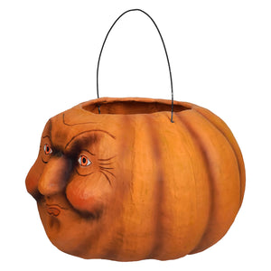 Orange jack-o-lantern candy bucket with red eyes and black wire handle perfect for halloween buckets and lanterns